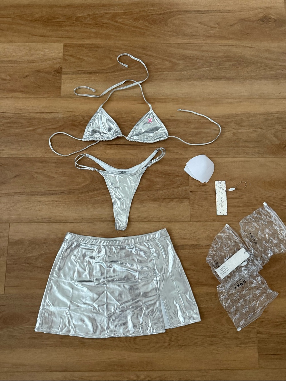 Boutine LA Metallic Silver Triangle Bikini Set with Mini Skirt